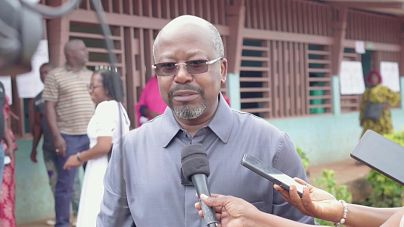 Alain-Claude Bilie-By-Nzé, a former Prime minister of Gabon, speaks after voting in Makokou on Nov. 16, 2024. He campaigned for the "no" to the draft constitution.