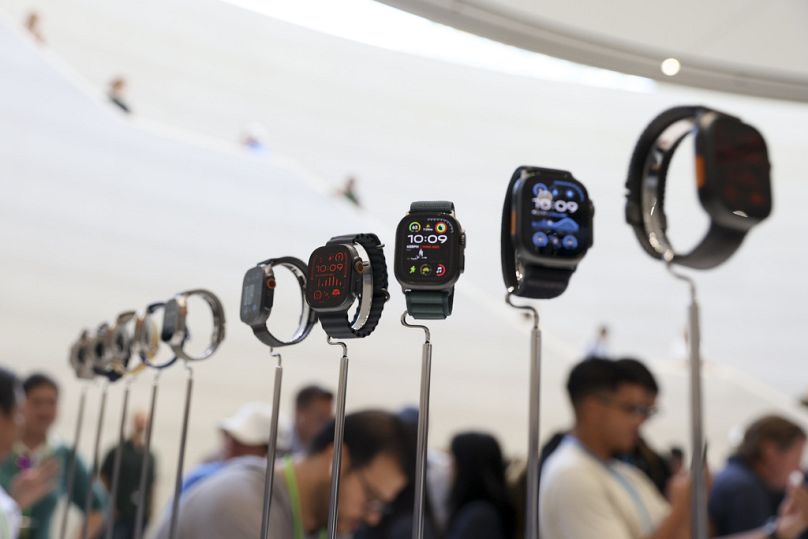 Apple Watches are displayed during an announcement of new products at Apple headquarters Monday, Sept. 9, 2024, in Cupertino, Calif. 